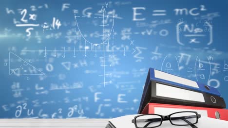 Digital-composition-of-glasses-and-multiple-files-against-mathematical-equations-on-blue-background