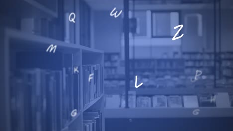 Digitale-Komposition-Englischer-Alphabete,-Die-Vor-Der-Schulbibliothek-Schweben-Und-Sich-Bewegen