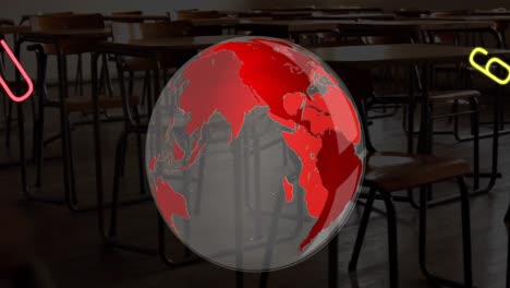 Multiple-changing-numbers-and-alphabets-moving-over-spinning-globe-against-empty-classroom