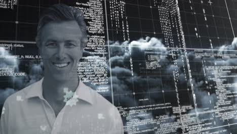 Animation-of-businessman-smiling-over-data-processing-against-clouds