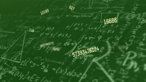 Digital-animation-of-multiple-changing-numbers-floating-against-mathematical-equations-on-green-back