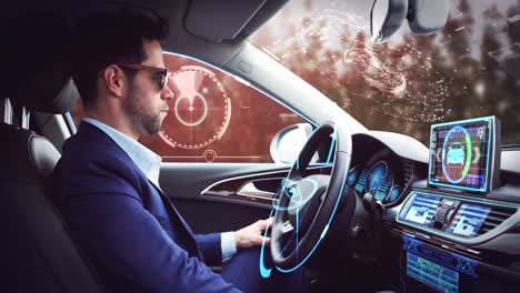 Animation-of-digital-interface-over-businessman-in-self-driving-car