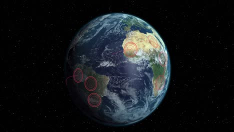 Drehender-Globus-Mit-Strahlenden-Roten-Konzentrischen-Kreisen,-Die-Sich-Zwischen-Gebieten-Auf-Schwarzem-Hintergrund-Ausbreiten