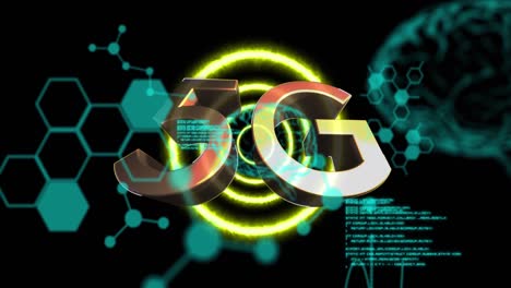 Animation-of-5g-text-with-data-processing-over-glowing-human-brains-and-purple-circles