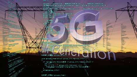 Animation-Von-5G-Text-Der-5.-Generation-über-Datenverarbeitung-Und-Strommasten-Im-Hintergrund