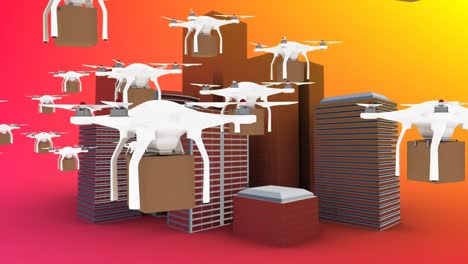 Multiple-drones-carrying-boxes-against-cityscape-n-yellow-and-orange-gradient-background