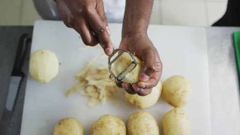 Midsection-of-african-american-female-chef-peeling-potatoes-in-restaurant-kitchen