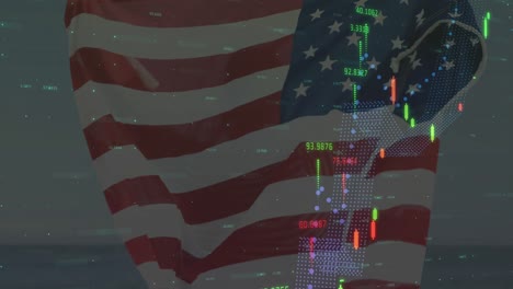 Animation-of-financial-data-processing-over-person-holding-american-flag