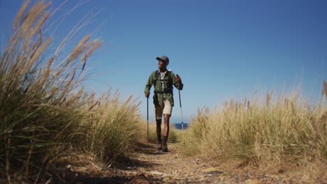 African-american-man-hiking-with-hiking-poles-in-countryside-by-the-coast