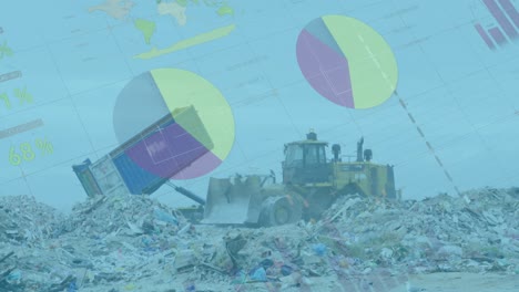 Statistical-data-against-bulldozer-working-on-landfill-with-birds-in-the-sky
