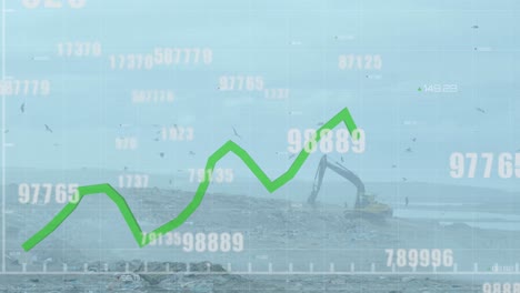 Multiple-changing-numbers-floating-over-green-graph-moving-against-bulldozer-working-on-landfill