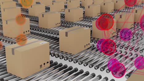 Animation-of-networks-of-connections-over-cardboard-boxes-on-conveyor-belts
