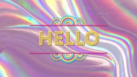 Digital-animation-of-neon-hello-text-against-metallic-shiny-liquid-effect-background