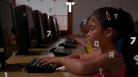 Multiple-changing-numbers-and-alphabets-floating-against-school-girl-using-computer-at-school