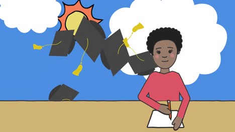 Digitale-Animation-Eines-Schulmädchens-Beim-Lernen-Und-Mehrerer-Abschlusshüte-Vor-Blauem-Himmel