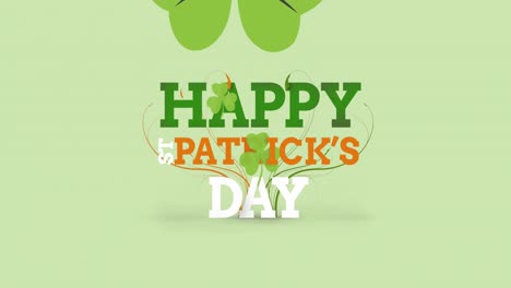 Animation-of-happy-st-patrick's-day-text-with-clover-leaves-on-light-green-background