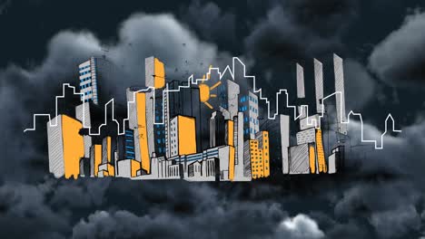 Animation-of-outline-with-illustration-of-cityscape-moving-over-stormy-clouds