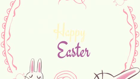 Animation-of-happy-easter-text-with-easter-bunnies-and-spinning-red-circle-on-light-pink-background