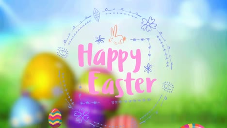 Animation-of-happy-easter-text-in-round-frame-over-decorated-easter-eggs-on-out-of-focus-background