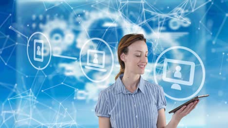 Digital-icons-over-woman-using-digital-tablet-against-network-of-connections-on-blue-background