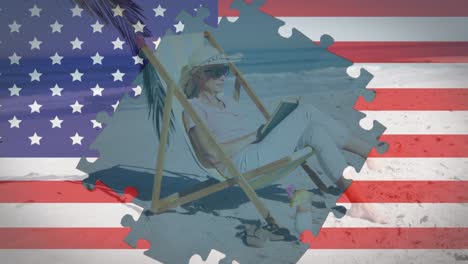 Jigsaw-puzzle-over-american-flag-against-senior-woman-reading-a-book-at-the-beach