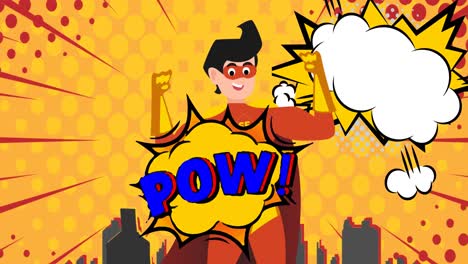 Animation-Von-Retro-Cartoon-Sprechblasen-Und-Superhelden,-Die-über-Gelben-Hintergrund-Fliegen