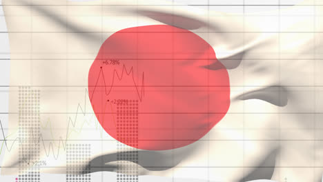 Animation-of-financial-statistics-recording-over-flag-of-japan-waving