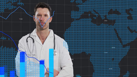 Financial-data-processing-over-world-map-against-portrait-of-caucasian-male-doctor
