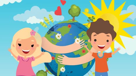 Animation-of-pictogram-of-boy-and-girl-over-planet-earth-with-arms-around-and-sun-on-blue-background