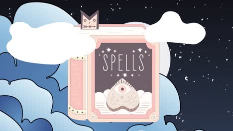 Animation-of-spells-title-on-book-flying-over-white-clouds,-stars-and-night-sky