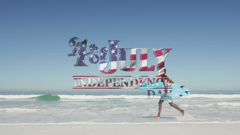 Animation-of-4th-of-july-independence-day-text-with-american-flag-pattern-over-man-with-surfboard