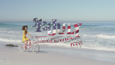 Animation-of-4th-of-july-independence-day-text-with-american-flag-pattern-and-woman-on-bike-on-beach