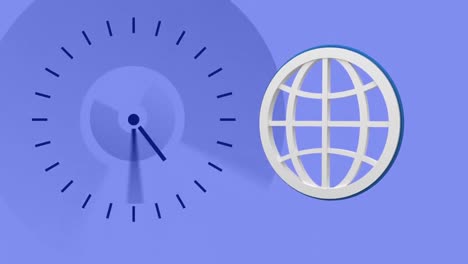 Animation-of-clock-moving-fast-and-ringing-and-white-globe-bouncing-on-purple-background