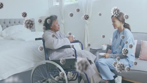 Animation-of-covid-19-cells-floating-over-nurse-with-female-patient-having-tea-in-hospital