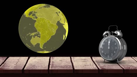 Animation-of-vintage-alarm-clock-ringing-and-yellow-globe-spinning-on-black-background
