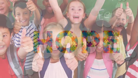 Animation-of-hope-text-formed-with-puzzles-over-school-children-cheering-with-thumbs-up