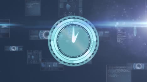 Animation-of-clock-moving-fast-over-data-processing-on-screens-on-blue-background