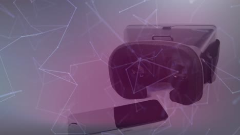 Animation-of-network-of-connections-over-vr-headset-on-purple-tinted-background