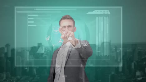 Digital-interface-with-data-processing-over-businessman-touching-futuristic-screen-against-cityscape