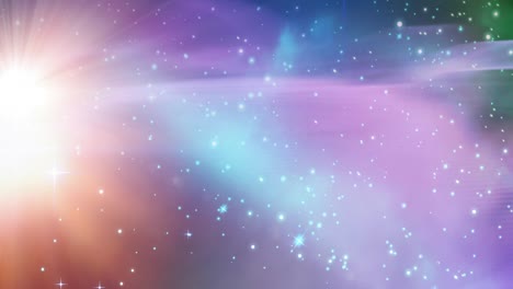 Animation-of-glowing-stars-on-blue,-pink-and-purple-light-trails-in-universe