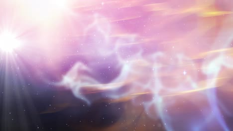 Animation-of-glowing-stars-on-orange,-pink-and-purple-light-trails-in-universe