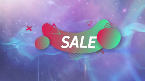 Animation-of-sale-text-in-white-over-green-to-red-hapes-on-pink-to-purple-background