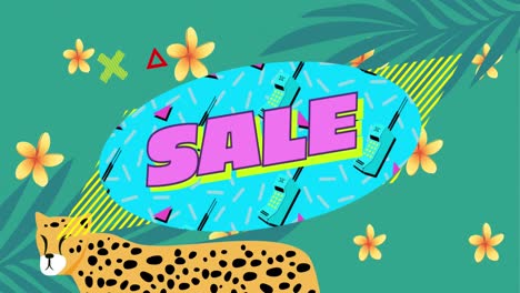 Animation-of-sale-text-in-pink-over-blue-banner-with-cheetah-and-exotic-flowers-on-green