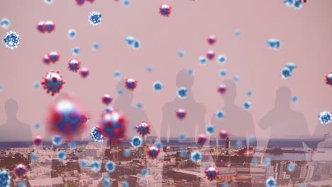 Animation-of-covid-19-cells-floating-over-people-silhouettes-and-cityscape