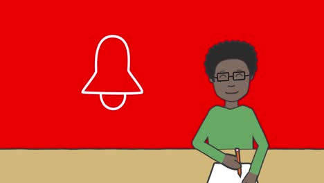 Animation-of-white-ringing-bell-icon-and-schoolboy-writing-on-red-background