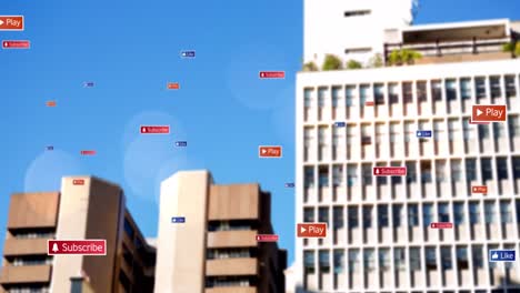 Animation-of-social-media-icons-and-text-on-multi-coloured-banners-over-cityscape