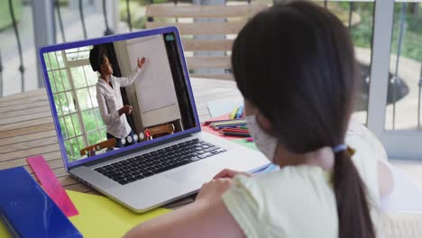 Caucasian-girl-wearing-face-mask-having-a-video-call-with-female-teacher-on-laptop-at-home