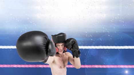 Animation-of-caucasian-boxer-on-boxing-ring-over-spotlights