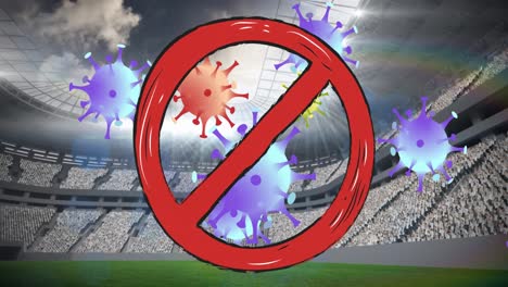 Animation-of-no-entry-sign-over-covid-19-cells-and-sports-stadium