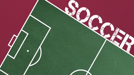 Animation-of-bouncing-soccer-pitch-with-text-on-red-background